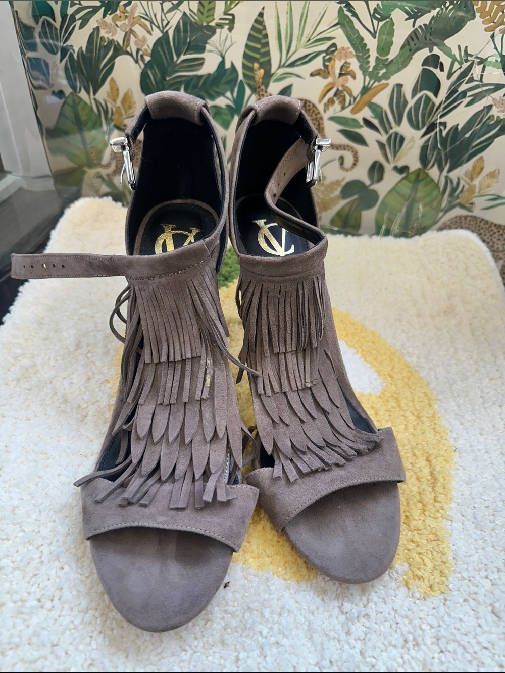 Vince Camuto Fringe Suede Ankle Strap Heels - Taupe
